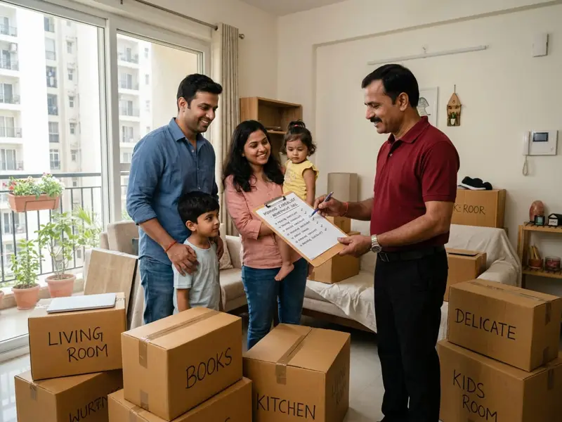 Moving supervisor going through a checklist with a family beside packed boxes in their apartment