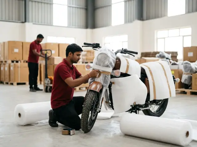 Packer wrapping a motorcycle in foam sheets and bubble wrap before transport