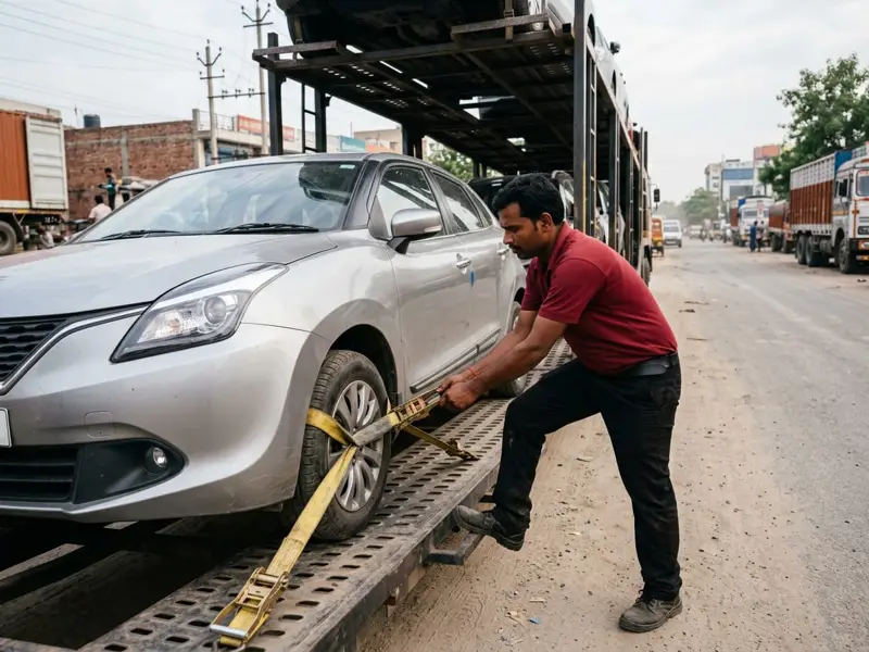 Worker strapping the wheel of a silver hatchback onto a car carrier trailer