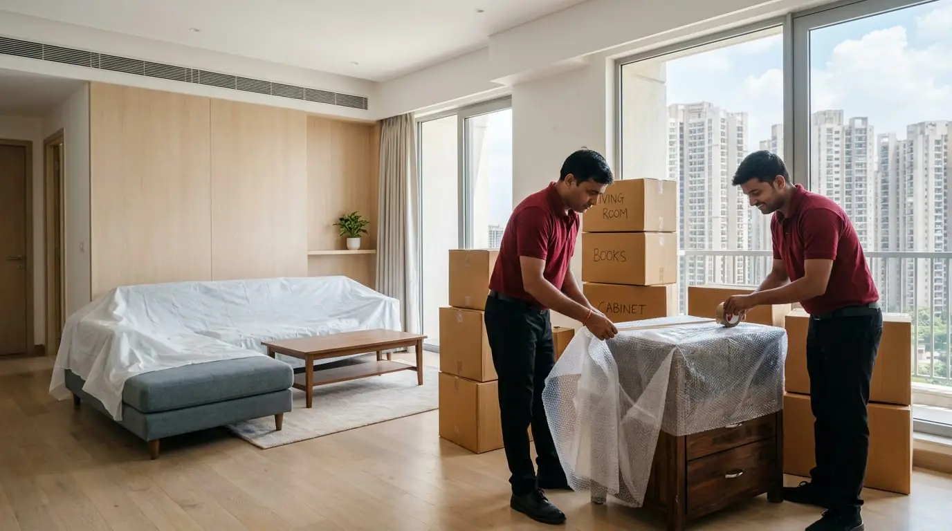 Noida Home Movers packers wrapping a wooden cabinet and stacking labelled boxes in a Noida apartment