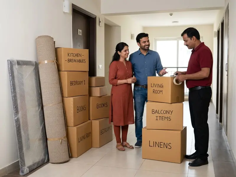 Family standing beside labelled moving boxes and a wrapped mirror in their apartment hallway