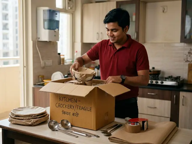 Packer wrapping kitchen crockery in paper before placing it in a moving box