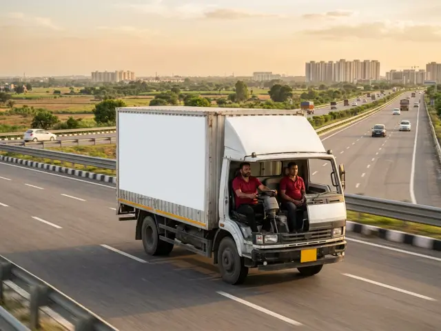 Closed moving truck driving on a wide expressway at sunset