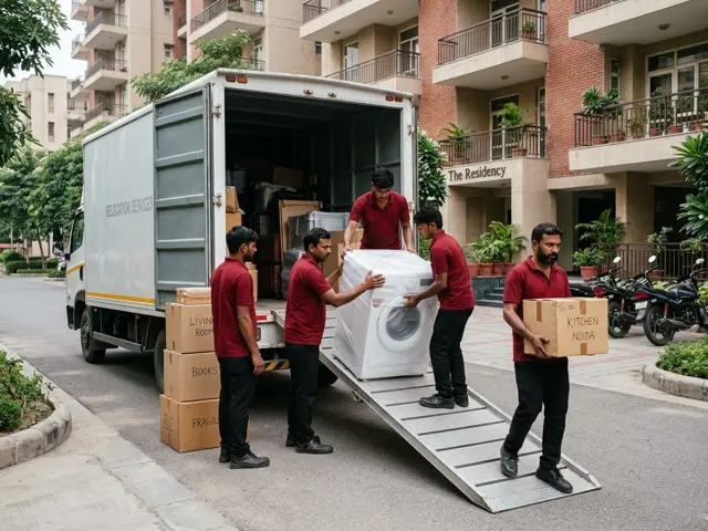 Team unloading boxes and a wrapped washing machine from a moving truck using a ramp