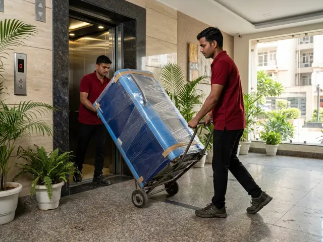 Packers carrying a wrapped refrigerator on a trolley through a residential society lift lobby