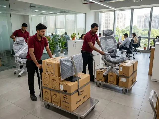 Packers moving wrapped office chairs and boxed computer monitors in a modern office